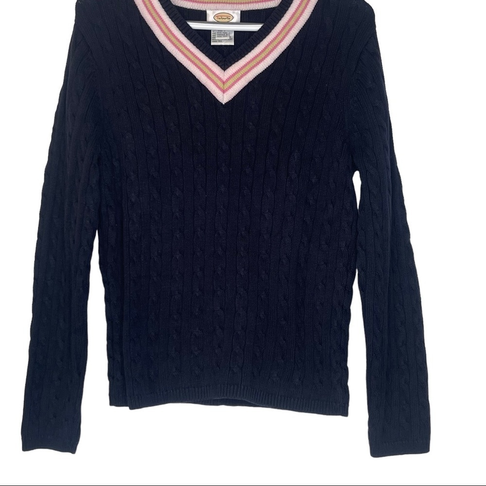 Talbots Navy Classic V Neck Cable Knit Long Sleeved Sweater 100% Cotton Sweater